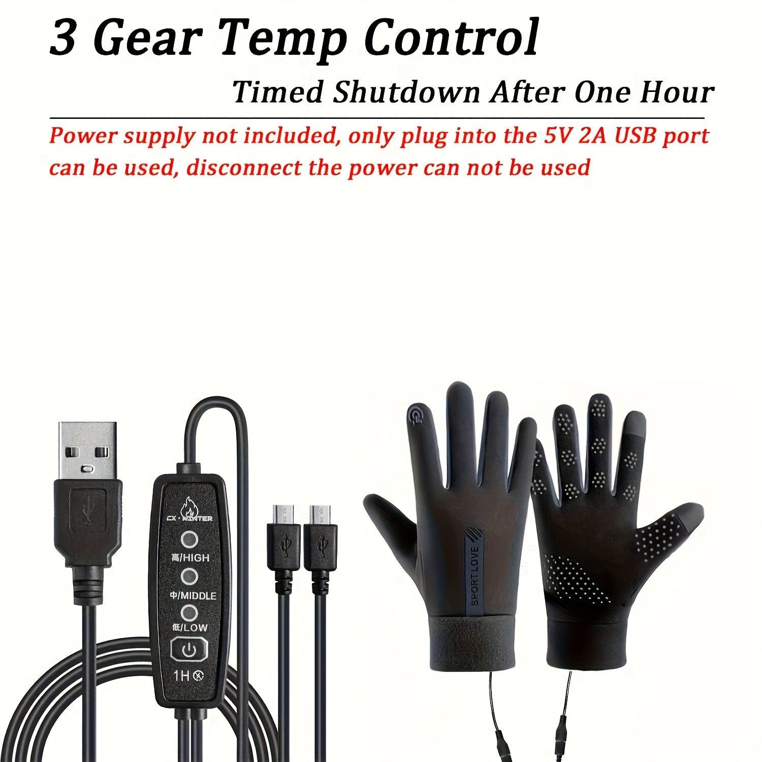 A+ Gants d'hiver chauffants ThermoGlove™ USB – Température réglable sur 3 niveaux