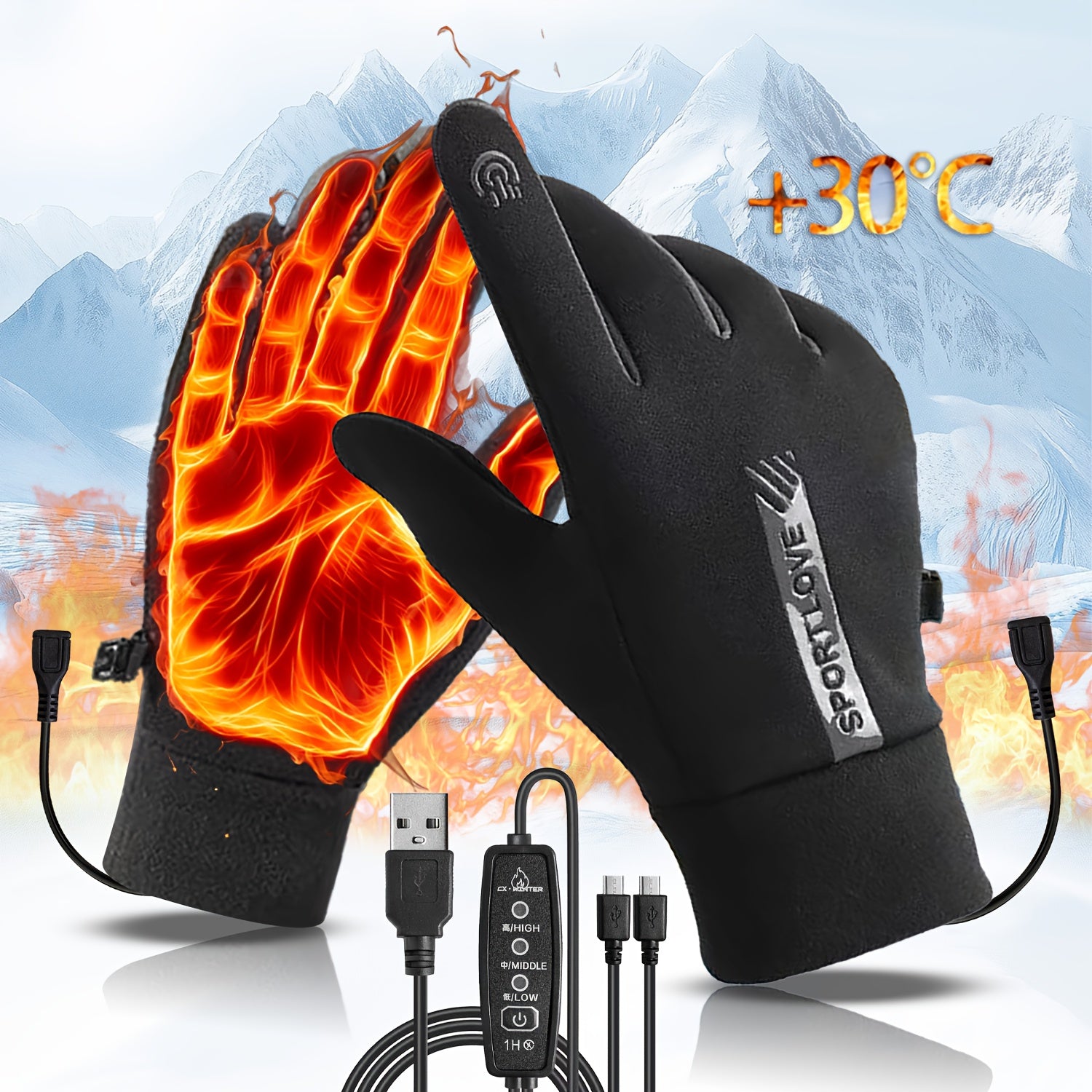 A+ Gants d'hiver chauffants ThermoGlove™ USB – Température réglable sur 3 niveaux